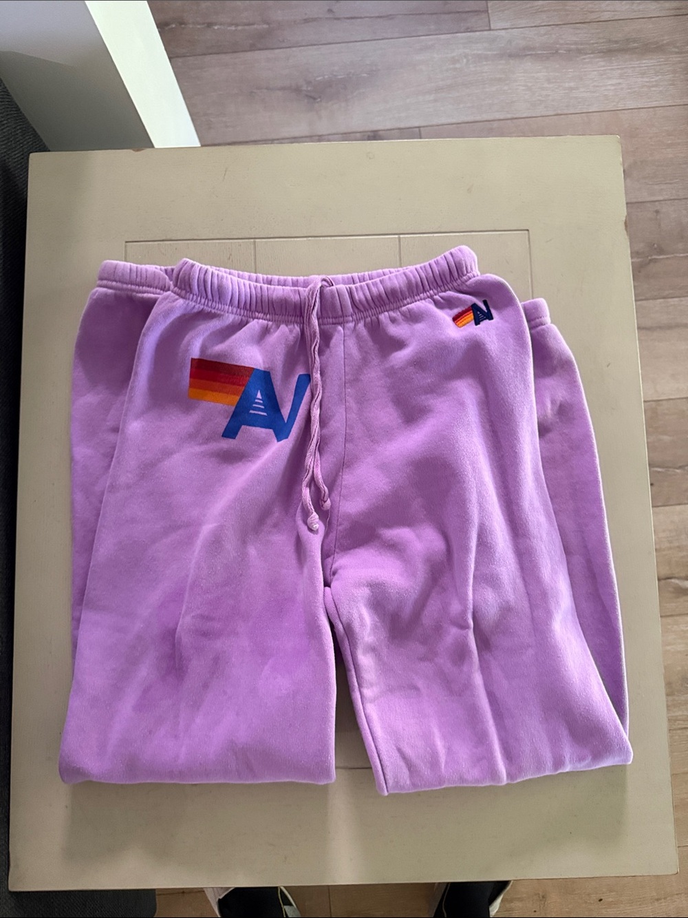 Aviator Nation Lavender Sweatpants with Rainbow Logo* stained